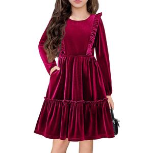 Arshiner Girls Dress Long Sleeve Ruffled Hem Casual Velvet Dress with Pockets 5-14 Years (9-10 Years, Dark Red)