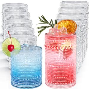 Vintage Hobnail Drinking Glasses Set of 12, 12 oz Highball Glasses & 10 oz Cocktail Glasses, Embossed Glass Cups, Clear Water Glasses Kitchen Bar Glassware Set for Beer, Juice, Cocktail, Whiskey