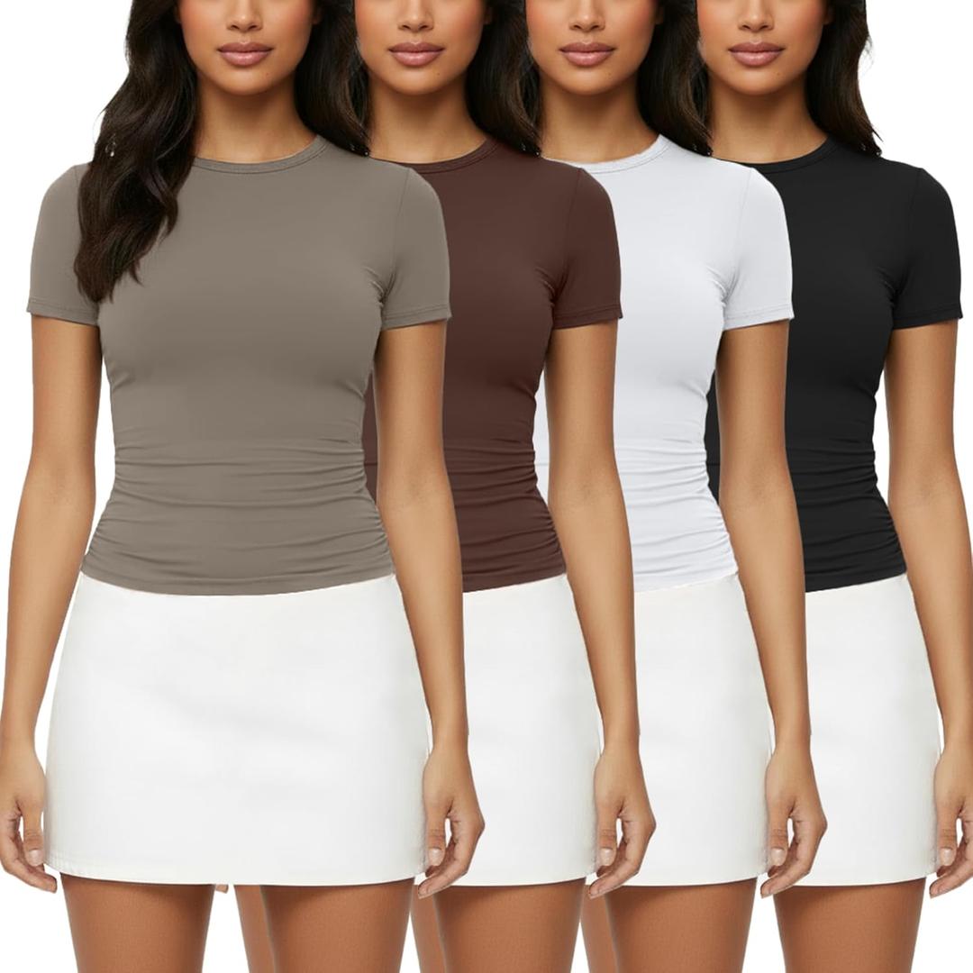 4 Pack Basic Tees T Shirts for Women Workout Gym Compression Fitted Short Sleeve Plain T Shirts Crop Tops Y2K, Small