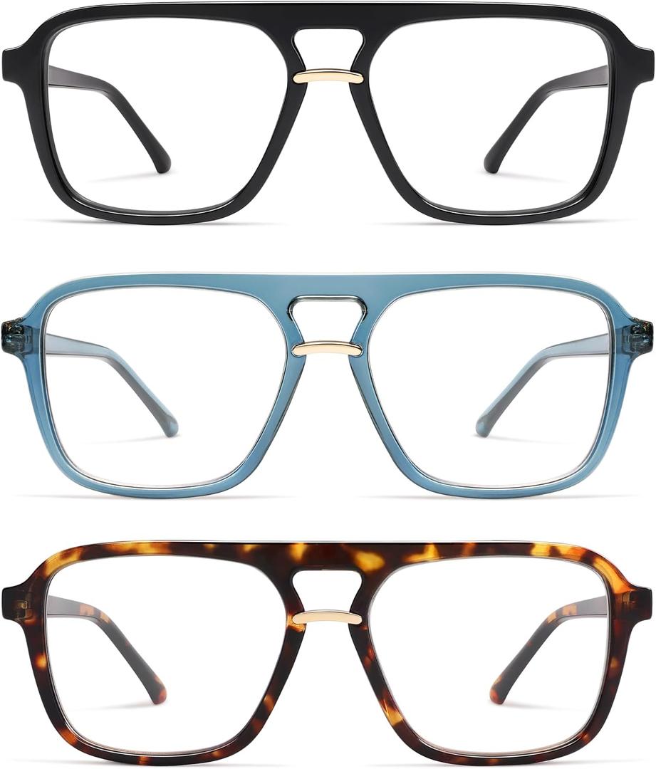 AMOMOMA 3 Pack Trendy Aviator Reading Glasses for Women Men Stylish Square Blue Light Blocking Readers AM6164, 1.5X