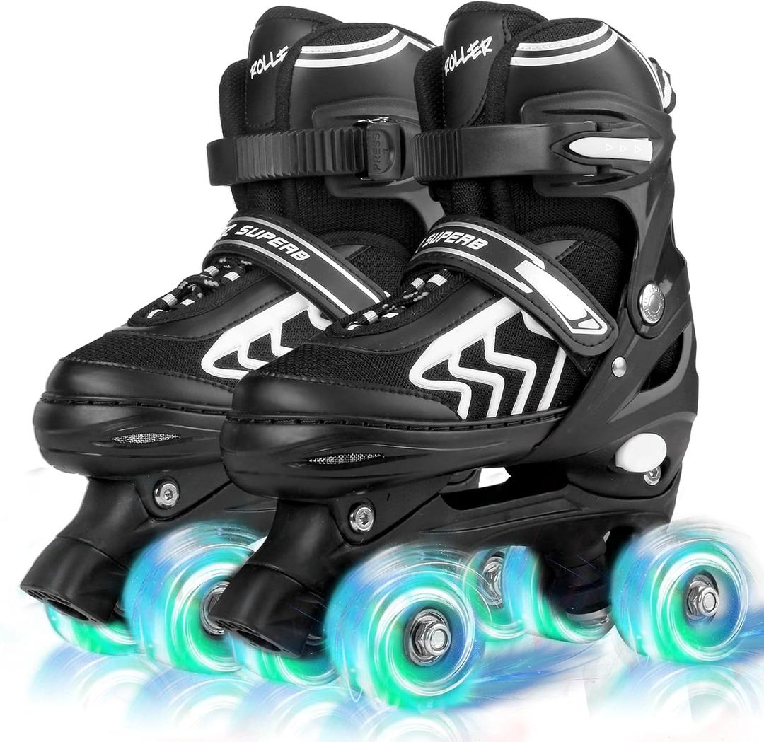Kids Roller Skates for Boys Girls Children Beginners, 4 Sizes Adjustable Roller Skates for Youth Big Kids for Outdoor Indoor Sports (Medium, Black & White)