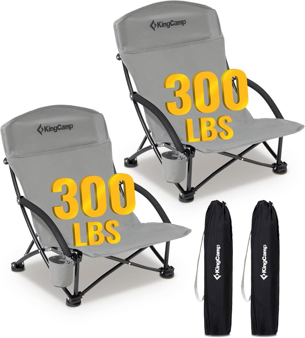 KingCamp Low Beach Chair, High Back Folding Camping Chair for Adults, Oversized Breathable Mesh Seat, 300lbs Heavy Duty Portable Chair with Cup Holder & Storage Pockets for Beach, Outdoor