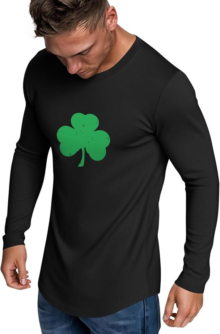 Mens St Patrick's Day Long Sleeve Shirts Irish Distressed Shamrock T-Shirt Lucky Tee (Large, Black)