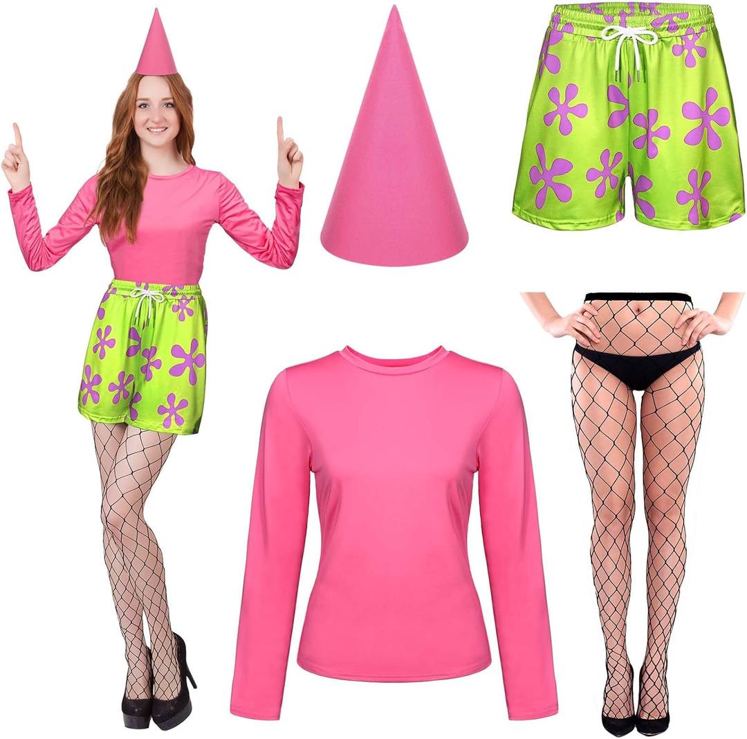 GANSHAYA 4 Pcs Halloween Pink Star Costume Fishnet Stockings Hat Shorts Crop Top Shirt for Adult Women Cartoon Cosplay (Small)