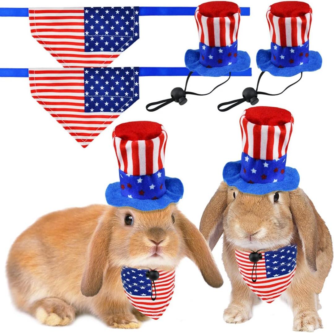 4 Pcs Pet Independence Day Costume Pet 4th of July Guinea Pig Hat and Bandana Uncle Sam Rabbit Hat American Flag Small Animals Hat Bandana Triangle Bib Scarf with Stars and Stripes Pattern (L)