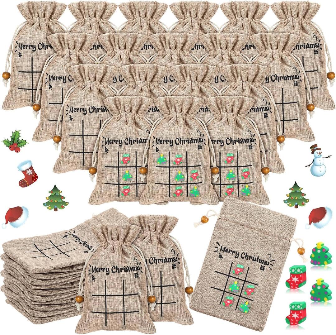 Windyun 100 Set Christmas Tic Tac Toe Game Bulk Xmas Board Game 3.94 x 5.91 Burlap Drawstring Bag Gifts for Classroom Games Party(Christmas Tree)