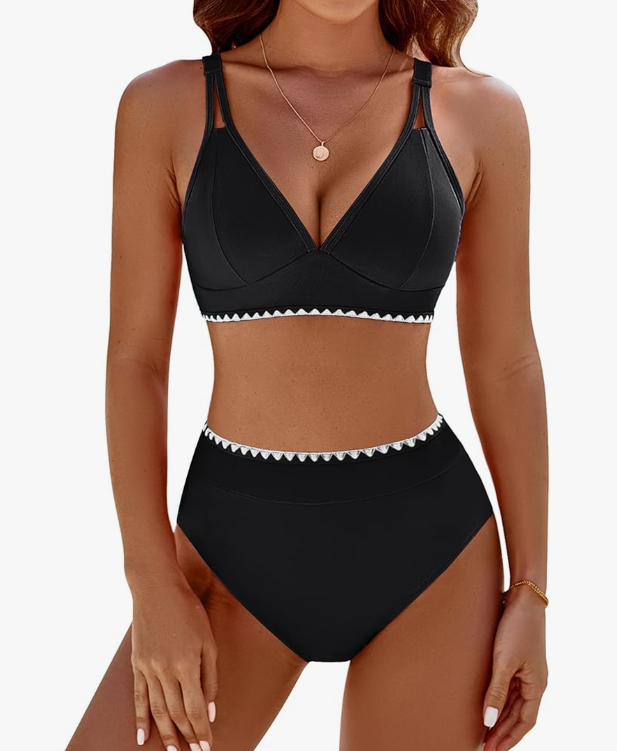 BMJL Women's Bikini Sets V Neck High Waisted Swimsuits Shell Stitched Cheeky Two Piece Bathing Suit, XL