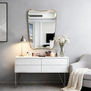 POZINO Brushed Gold Vanity Mirror, 24"x36" Modern Beveled Bathroom Mirror, Irregular Shaped Mirrors in Stainless Steel Frame, Brass Rectangle Wall Mirrors for Bedroom Living Room Entryway