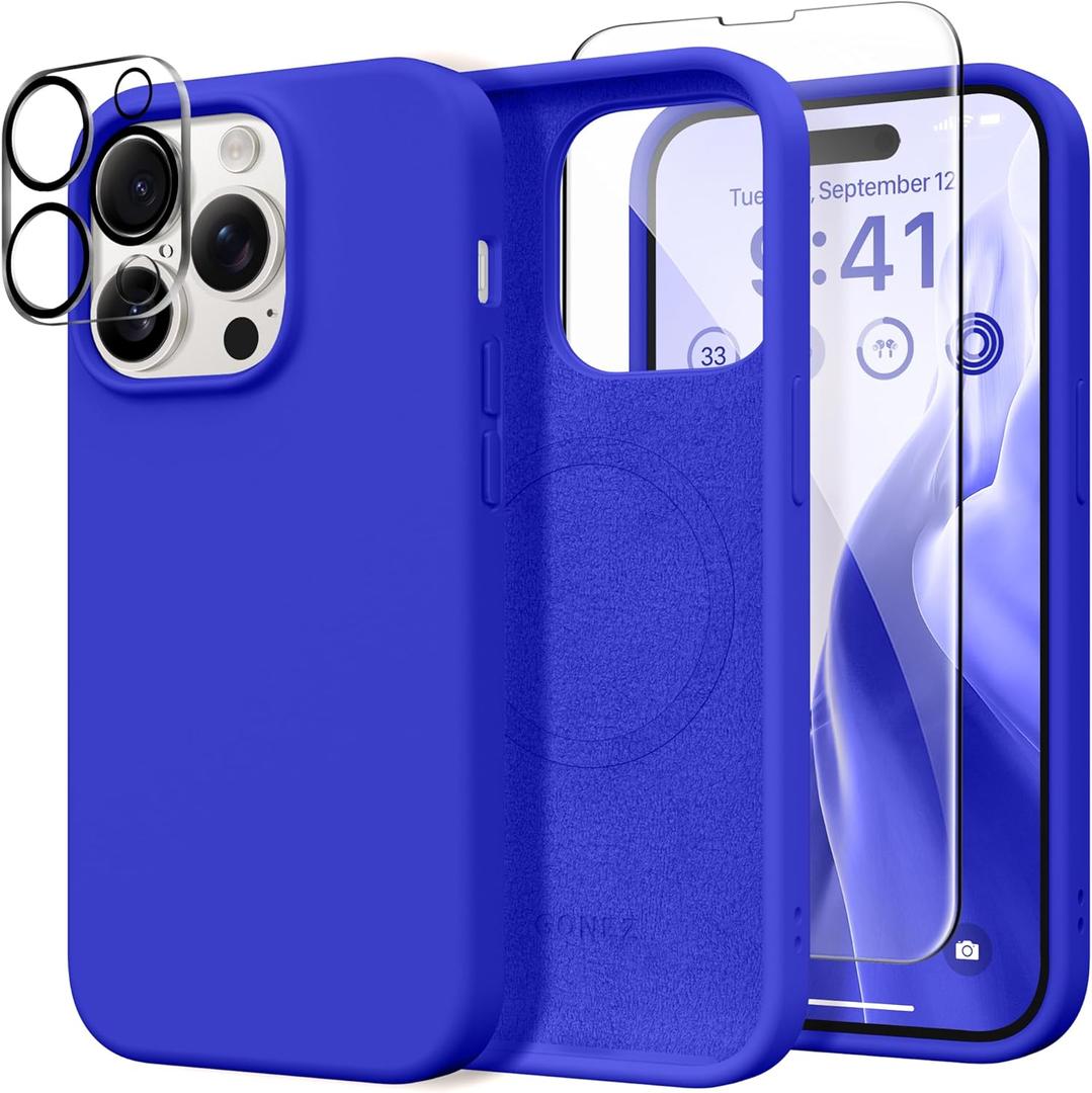GONEZ for iPhone 14 Pro Case, Compatible with Magsafe, with Screen Protector + Camera Lens Protector, Soft Anti-Scratch Microfiber Lining, Shockproof Liquid Silicone Phone Cover, Cobalt Blue
