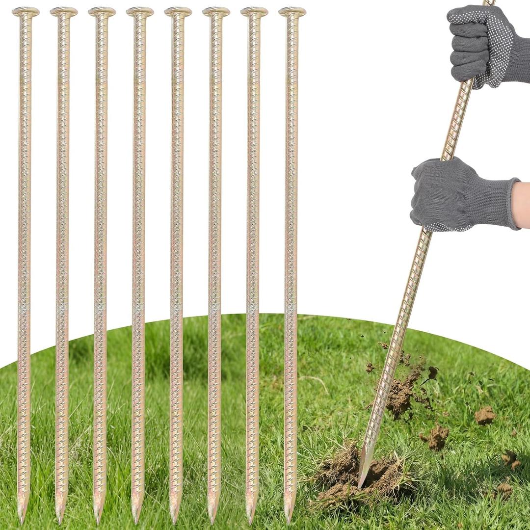 Pelopy 8 Pack 30 Inch Long Rebar Stakes 9/16 Inch Diameter Heavy Duty Galvanized Steel Ground Anchors with Chisel Point Ends Ground Stake for Speed Bumps Wheel Stop Tent Concrete Plant Support (23"x 1/2")