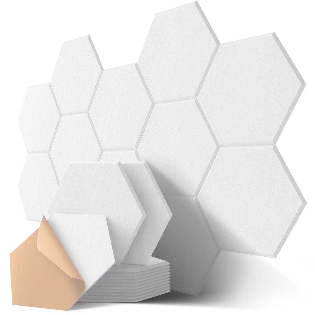Kuchoow Mass Loaded Vinyl Soundproof Foam Wall Panels for Noise Reducing and Absorbing, Hexagon White 12 Pack 12" x 12" x 0.4” Acoustic Panel for Studio Room, Decorative Tiles for Ceiling, Door