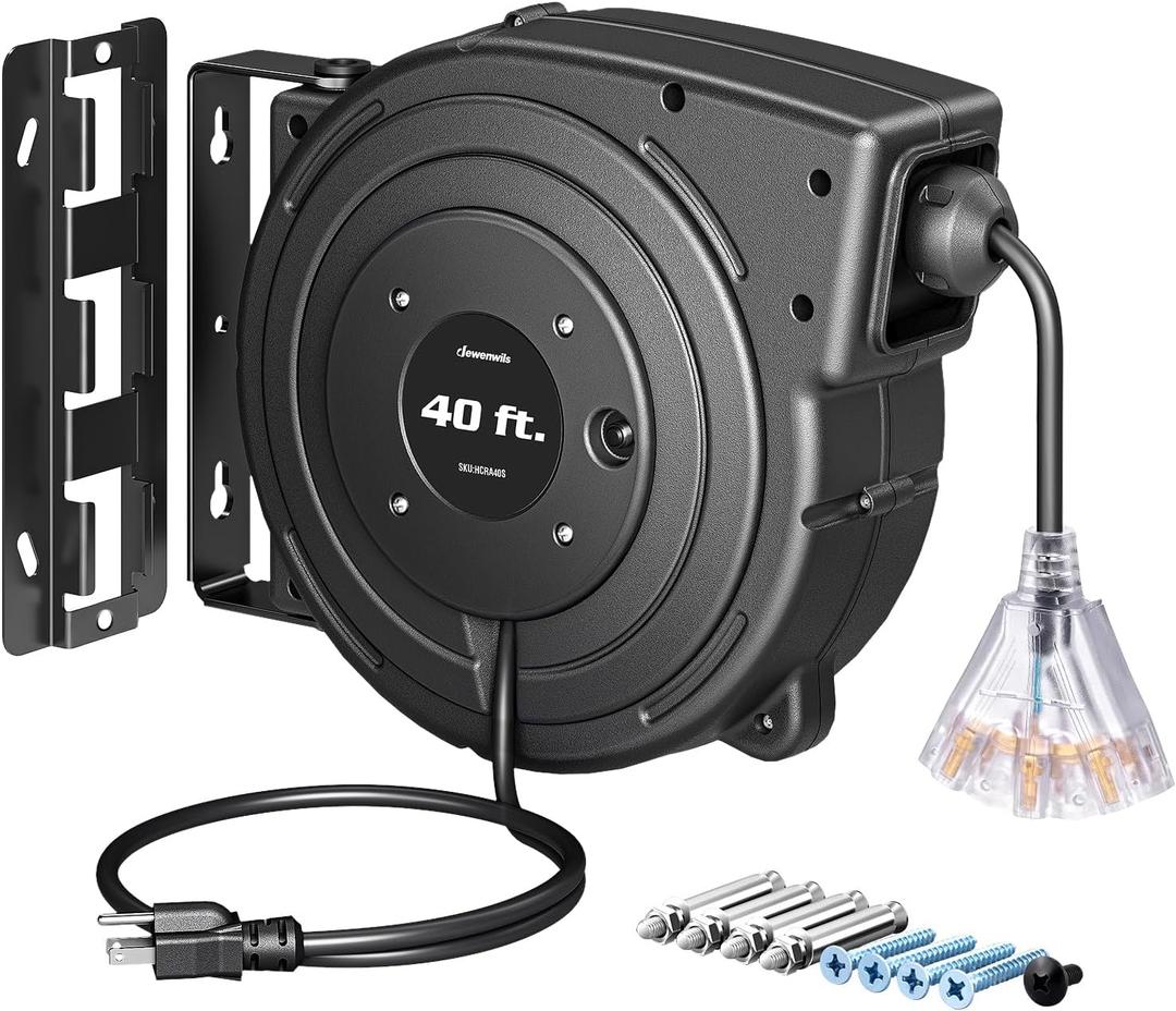 DEWENWILS Extension Cord Reel, 40FT Retractable Cord Reel, 12/3AWG SJTOW, Lighted Triple Tap Outlets, 15 Amp Circuit Breaker, Ceiling/Wall Mount, UL Listed