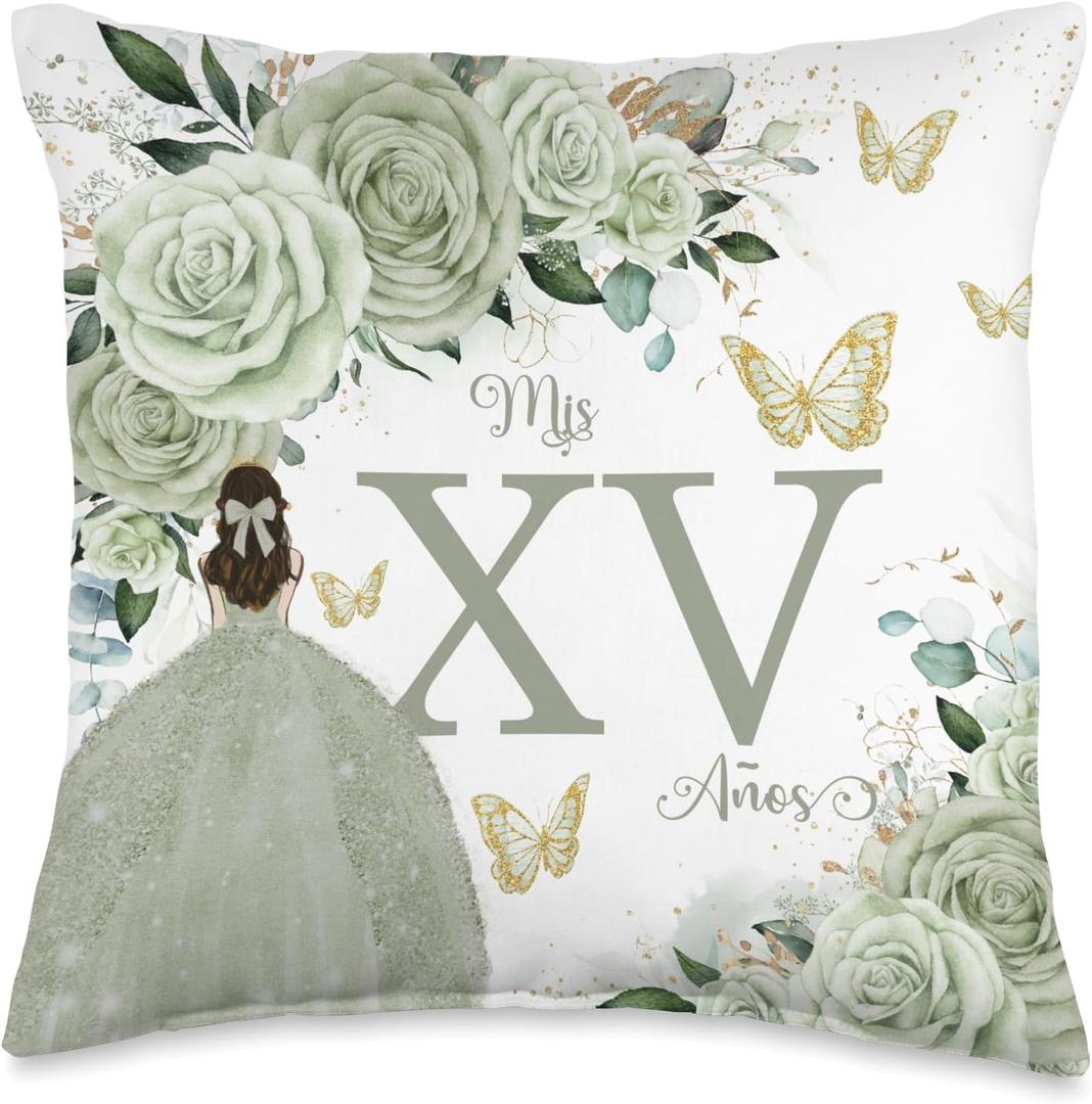 Sage Green Roses Floral Quinceañera Mis XV Años Throw Pillow