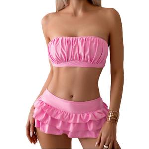 WDIRARA Women's Strapless Ruched Ruffle Trim Swimsuit Bandeau Bikini Set Two Piece Bathing Suit Pink Small