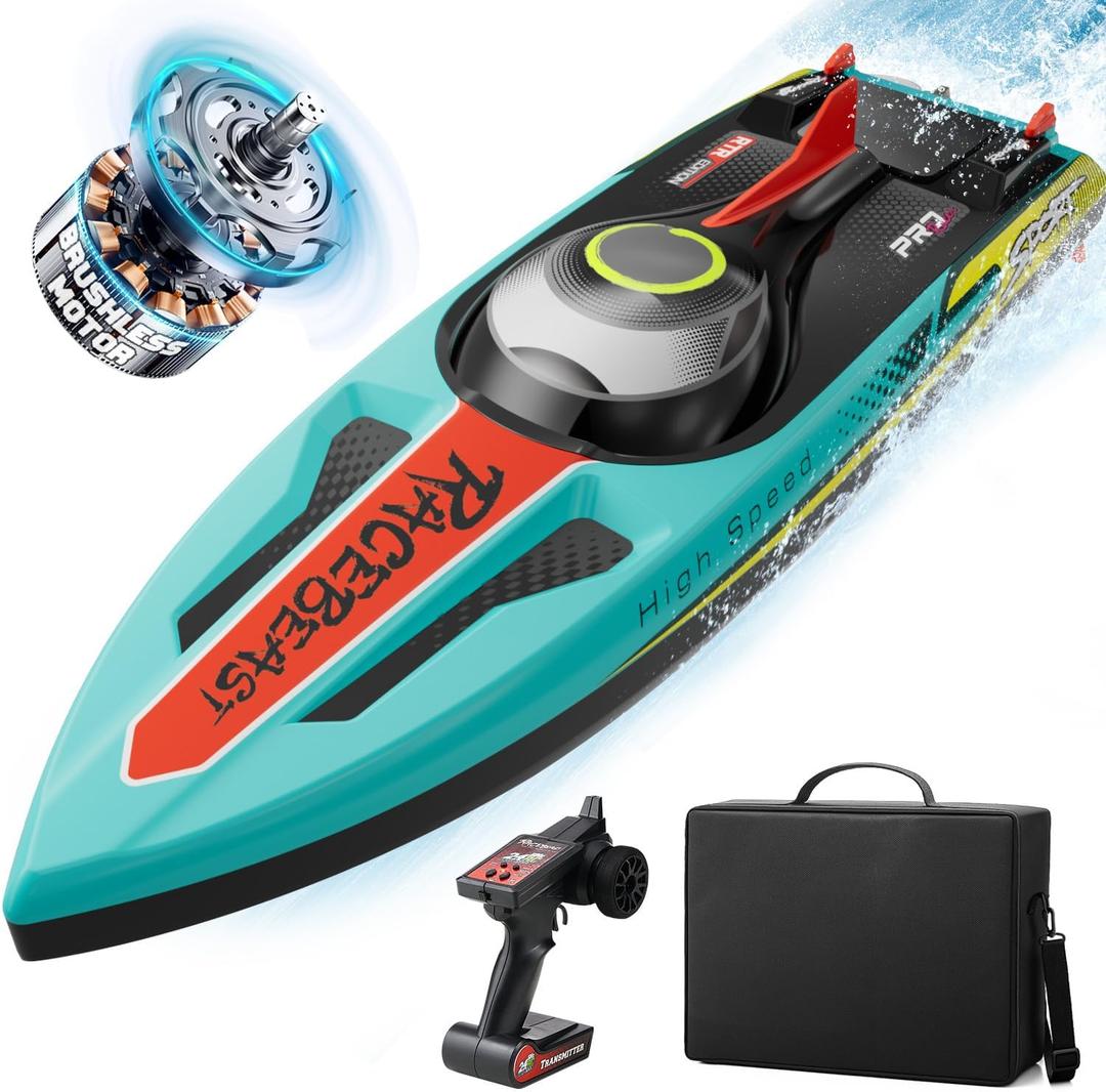 TOPCHOIC Brushless RC Boat 40+MPH, Remote Control Boats for Adults Kids, 19" Big Racing Boat for Salt Water Lake River with Self-Righting, LED Lights, Fishing Function Fast High Speed with Carry Bag