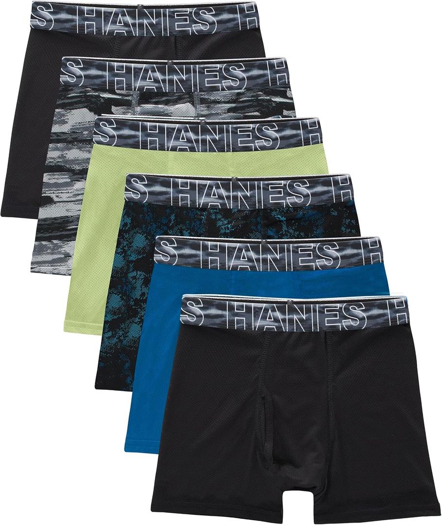 Hanes Boys' Big Performance Tween Boxer Brief Pack, X-Temp Mesh Stretch Underwear, Black, 6-Pack (Large)
