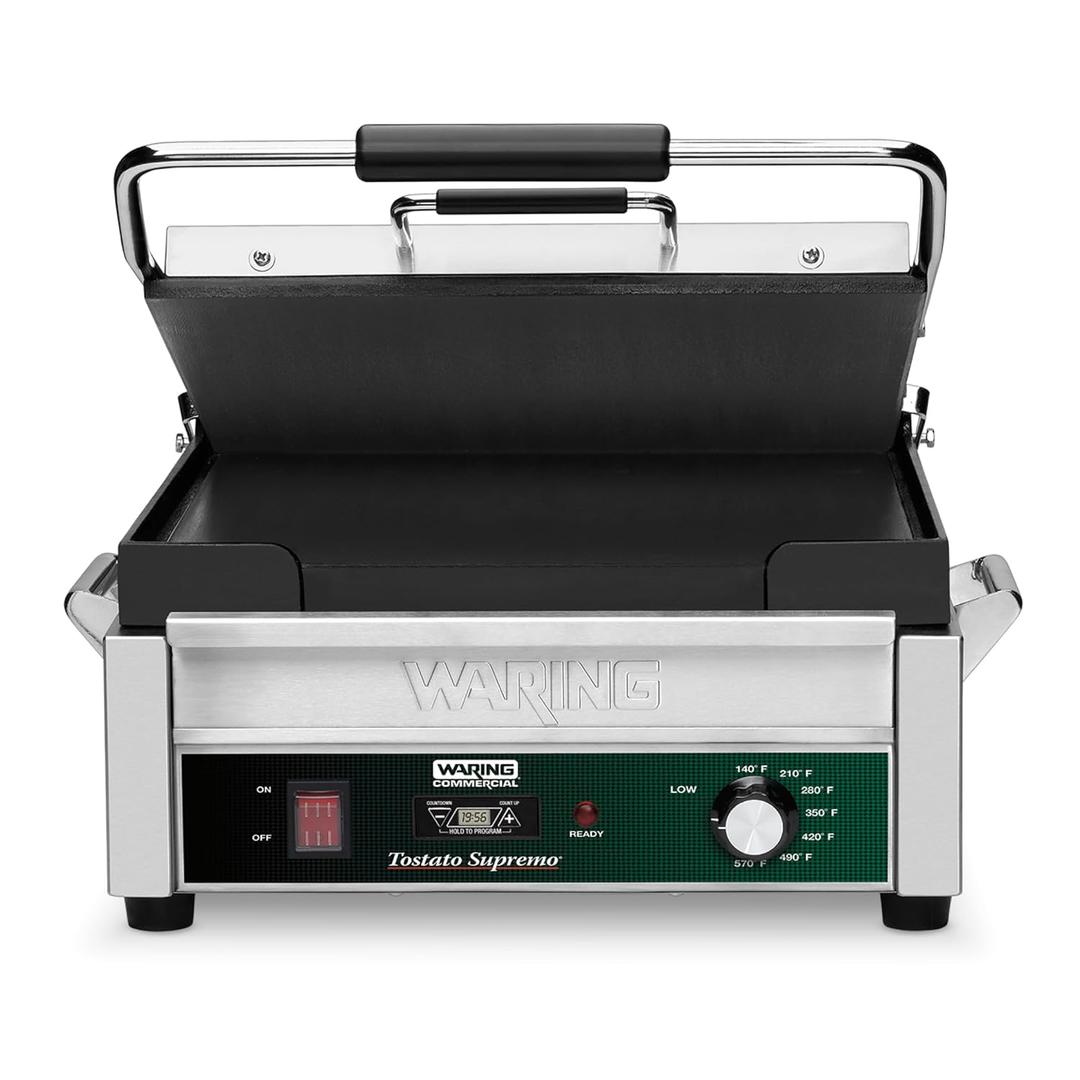 Waring Commercial WFG275T Full Sized 14" x 14" Flat Toasting Grill, 20 Minute Countdown Timer, 120V, 1800W, 5-15 Phase Plug