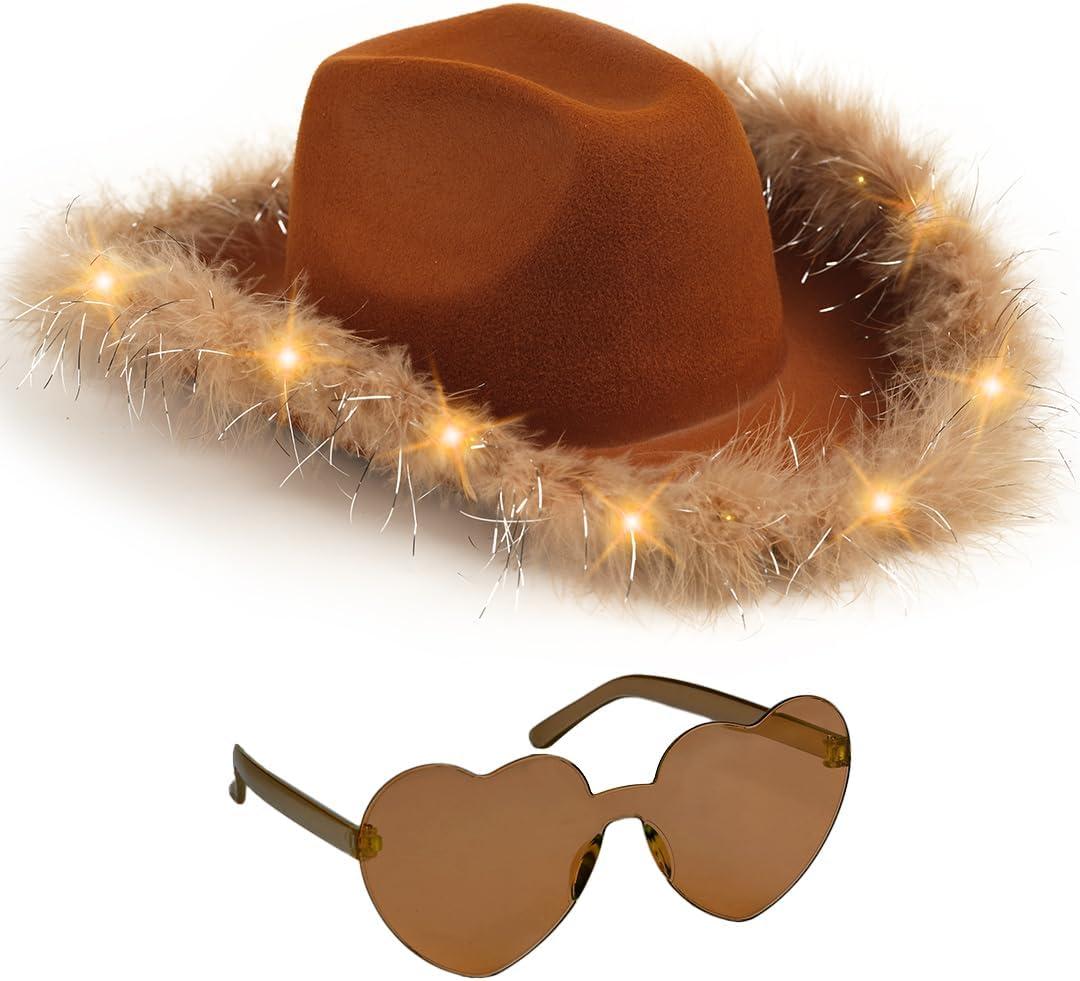 Funcredible Purple Light Up Cowboy Hat and Glasses - Cowgirl Hat for Girls - Cowboy Hat with Feathers - Cowgirl Accessories (Brown)