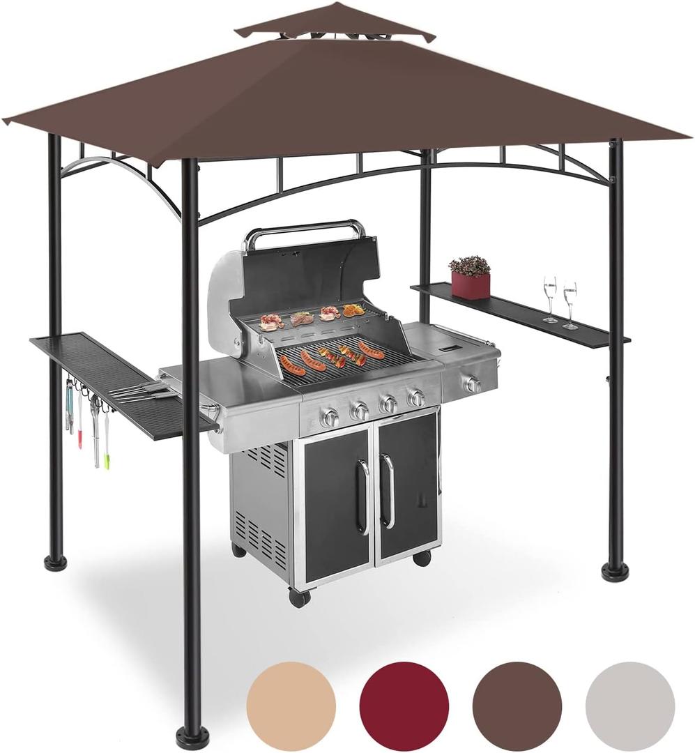 5x8ft Grill Gazebo Canopy for Patio, Outdoor BBQ Gazebo with Shelves & Extra 2 LED Light, (Brown)