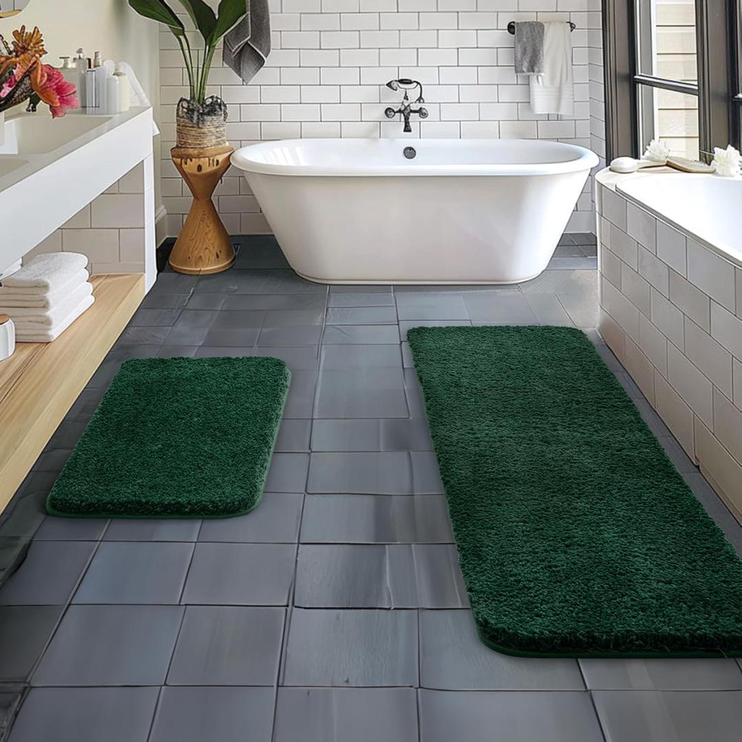MIULEE Christmas Dark Green Microfiber Bathroom Rugs and Mats Sets 2 Pieces Extra Thick Non Slip Bath Mat Absorbent Soft Shaggy Washable Quick Dry Rug for Bath Room Floor Restroom, 16"x24"+16"x48"