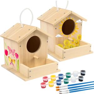 LotFancy Bird House Kit, 2 Pack, DIY Wooden Birdhouse Kits, Arts and Crafts Painting Kit for Kids, Build and Paint, Including Paints & Brushes