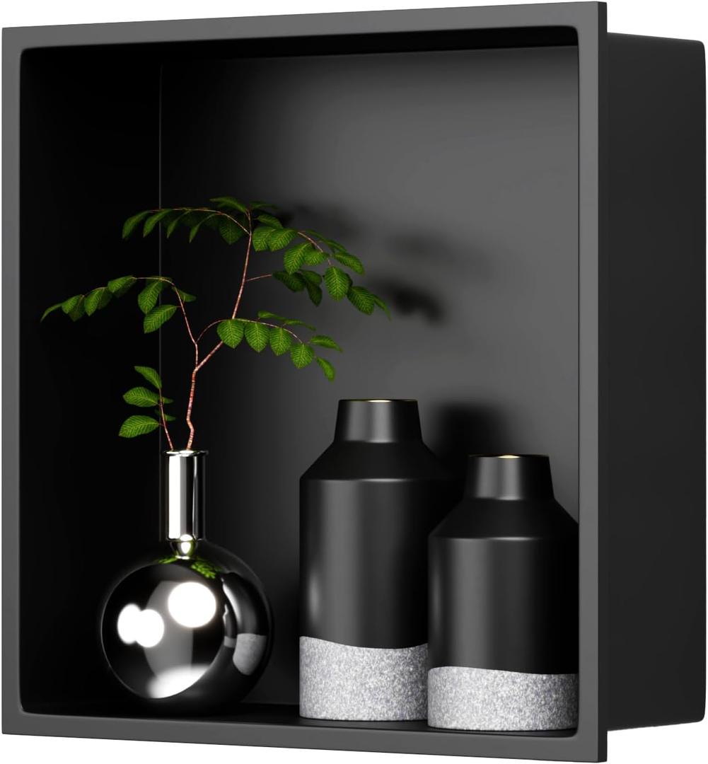 BWE 12" X 14" Stainless Steel Shower Niche,Rimless Recessed Wall Niche for Bathroom, No Tile Needed,Black Shower Niche for Bathroom Storage Over Mount Installation