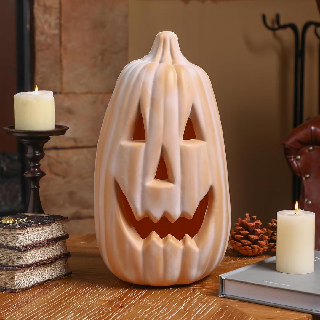 13.4 Inch Faux Terracotta Pumpkin Decoration Large Plastic Jack O' Lantern Reusable Carved Pumpkin Lantern for Thanksgiving Halloween Fall Indoor Outdoor Decor Party Centerpiece