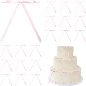 Baby Pink Satin Ribbon Bows with Twist Tie 5 x 7 Inch, Pre-Tied Small Light Pink Coquette Bows for Cake Topper, Birthday Party Decorations, Balloon, Crafts, Wedding, Christmas Tree (50 Pack)