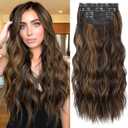 KooKaStyle Clip in Synthetic Hair Extensions Long Wavy 4PCS Thick Hairpieces Balayage Dark Brown to Chestnut Fiber Double Weft Natural Hair Extensions 16 Inch for Women