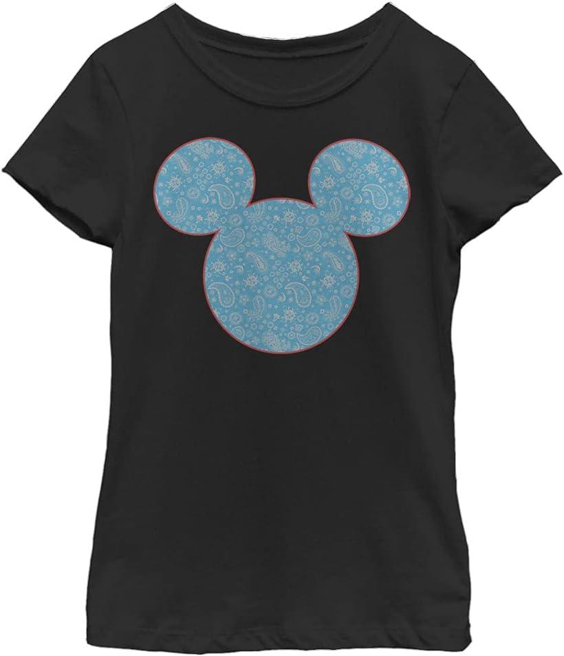Disney Characters Mickey Americana Paisley Girl's Solid Crew Tee (Medium, Black)