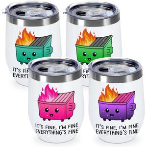 4 Pcs Funny Everything Is Fine Tumbler Cup, 12 oz Insulated Coffee Mug, Double Wall Vacuum Travel Mugs, Heat Insulation Stainless Steel Cups, Leak-Proof Wine Tumbler for Home Office Travel Camping