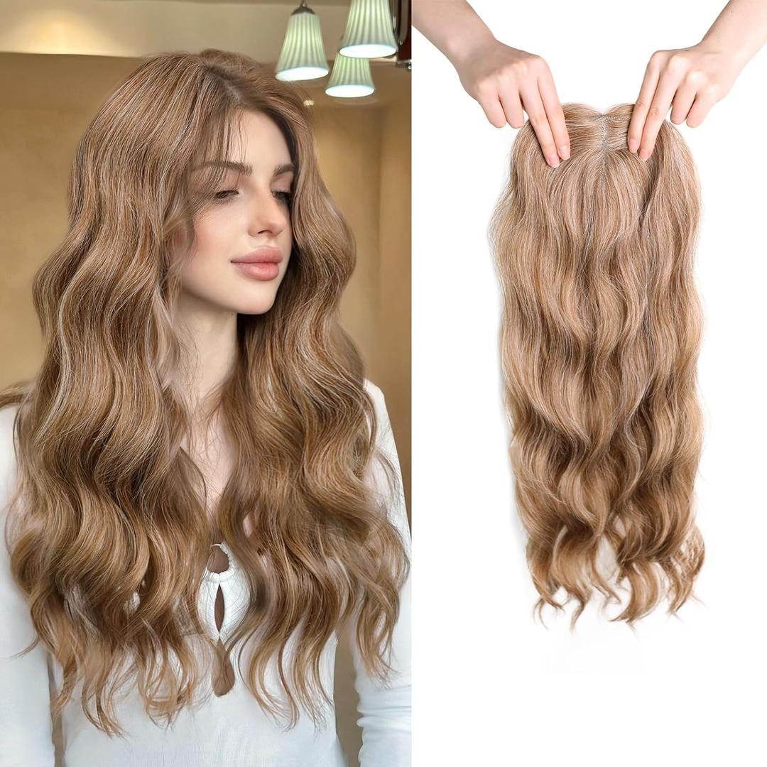 Toppers Hair Pieces for Women 24 Inch Wavy Clip in Hair Toppers for Women with Thinning Hairs Synthetic Hand-Tied Hairline Lace Front Women's Hair Topper Golden Brown Mix Bleach Blonde
