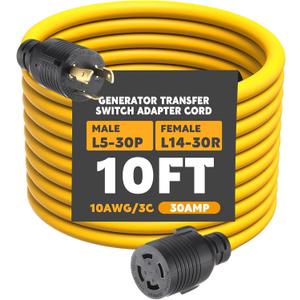 Kanayu 10ft NEMA L5-30P to L14-30R Generator Transfer Switch Adapter Cord, 30 Amp Locking 3 Prong to 4 Prong Adapter RV Generator to House Inlet Box, STW 10 AWG, ETL Listed