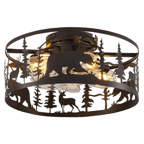 YEDAORL Farmhouse Caged Ceiling Fans with Lights and Remote Control,Rustic Black Chandelier Fan with Bear Deer Design,Flush Mount Low Profile Fandelier for Bedroom,Dining Living Room,Foyer