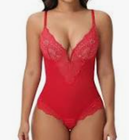 Sexy Lace Shapewear Bodysuit Women's Sleeveless V Neck Tummy Control Backless Thong Tank Tops Body Suit Shaper (Red) 2XL