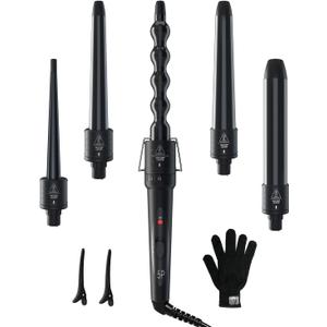 5 in 1 Curling Wand Set: Ohuhu Curling Iron Wand 5Pcs 0.35 to 1.25 Inch Interchangeable Ceramic Barrel Heat Protective Glove 2 Clips Dual Voltage Hair Curler for Girl Women Mother's Day Gift Black