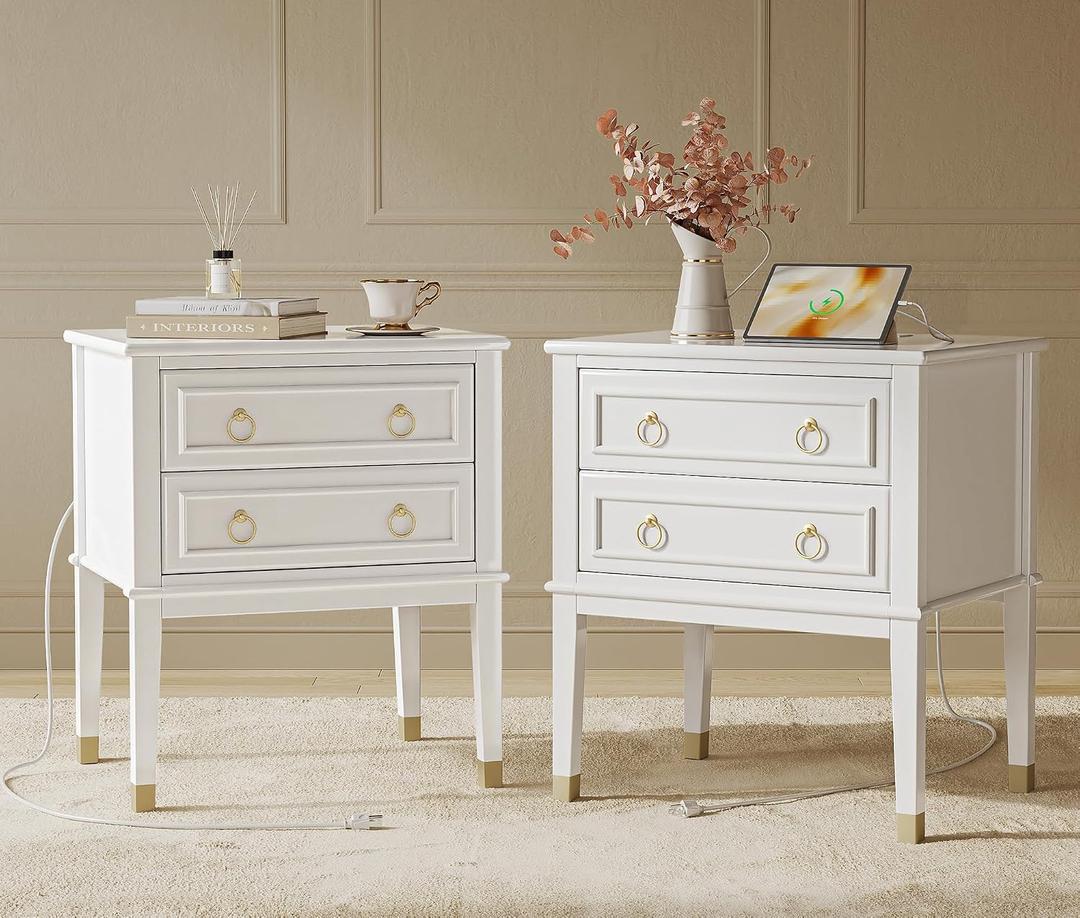 Huuger 27.6 Inch Tall Nightstand with Charging Station, USB-C Port, Larger Night Stand Set of 2, Bedside Table with 2 Drawers, 11.4 Inch Raised Legs, Side Tables End Tables, for Bedroom, White, 23.6 inches x 15.8 inches x 27.6 inches