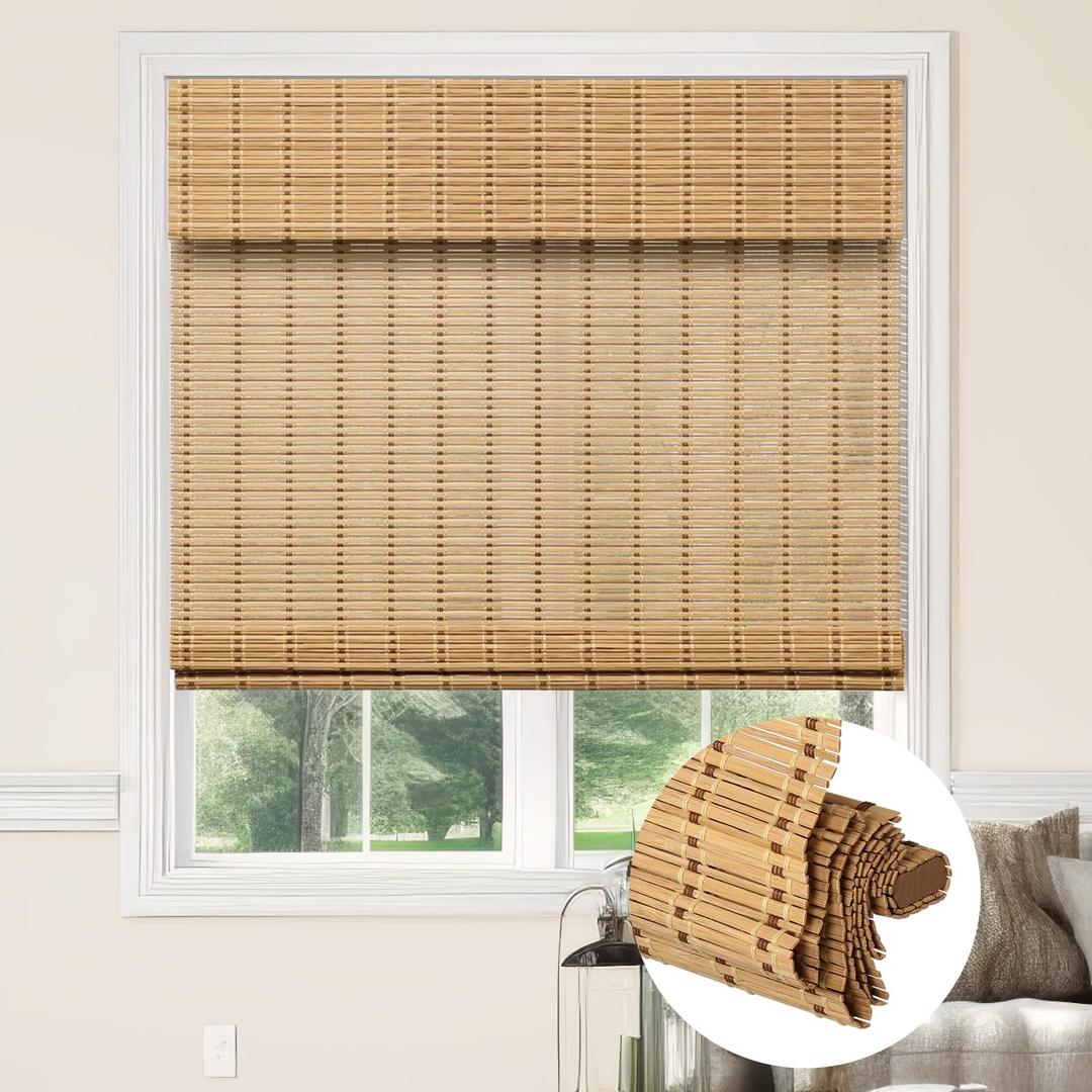 Kokorona Cordless Bamboo Roman Shades with Valance, Light Filtering Bamboo Blinds for Interior Windows, Natural Roll Up Bamboo Shades for Home, Office, Easy Installation, 27" W x 64" H, Natural