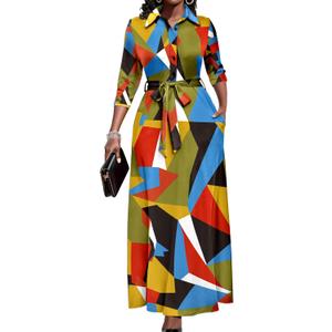 Runwind Women Church Maxi Dresses 3/4 Sleeve Button Down Print Casual Office Dress African (Medium, 002-blue Green)