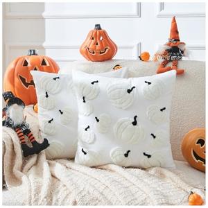 Seoenlin Halloween Pillow Covers 18x18 inch Set of 2 White Throw Pillow Cases Soft Plush Cushion Case for Chair Sofa Bedroom Living Room Home Decor (White Pumpkin) Pack of 2