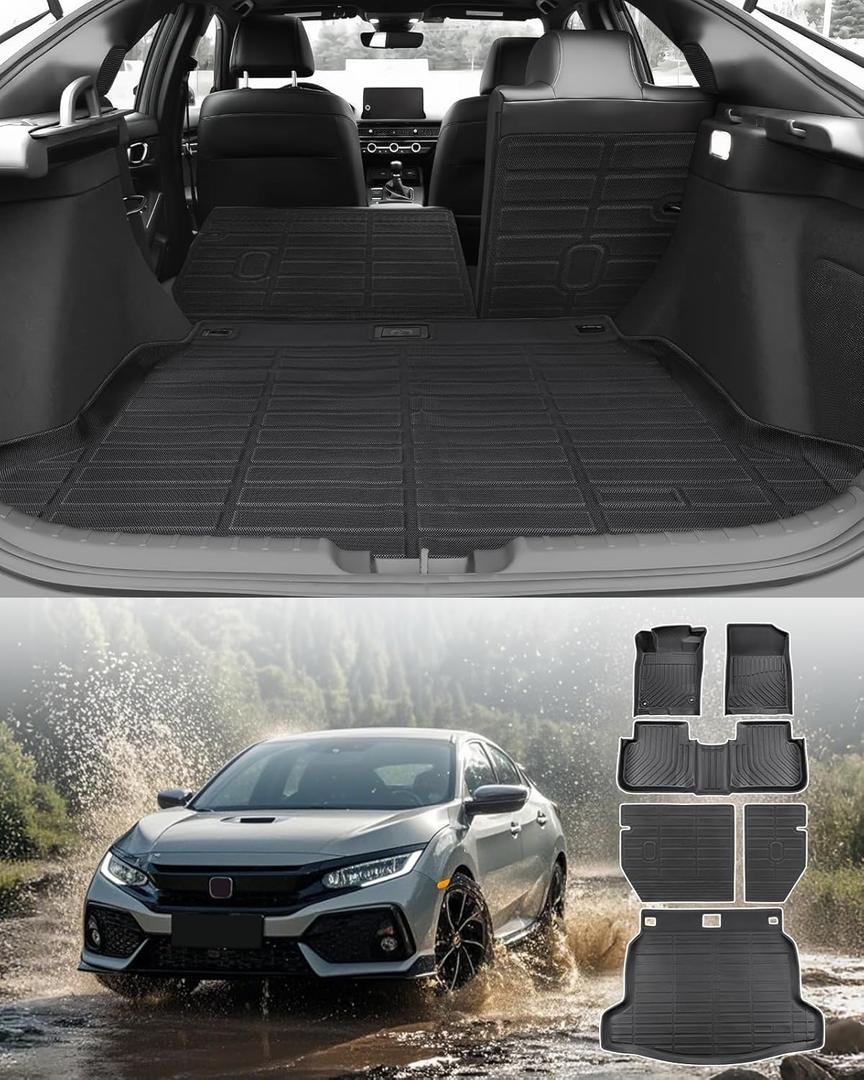 2022-2026 for Honda Civic Hatchback Floor Mats with Backrest Mat, All Weather 6 Pcs TPE Cargo Liners for Civic Hatchback 2022-2025 Trunk Mat Accessories 2022 2023 2024 2025 2026