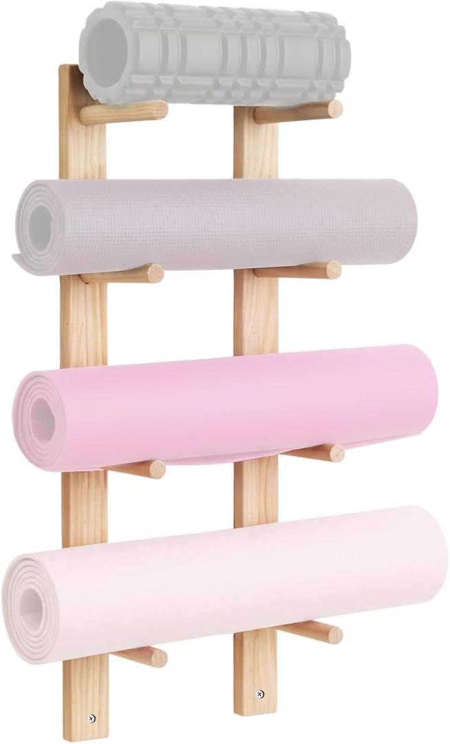 1 Pair Yoga Mat Holder Wall Mount Wooden Yoga Mat Storage Racks for Foam Roller & Fitness Accessories 4 Layer 28.7" X7" X2", Accommodating 4 Mats Save Space & Home Gym Organize