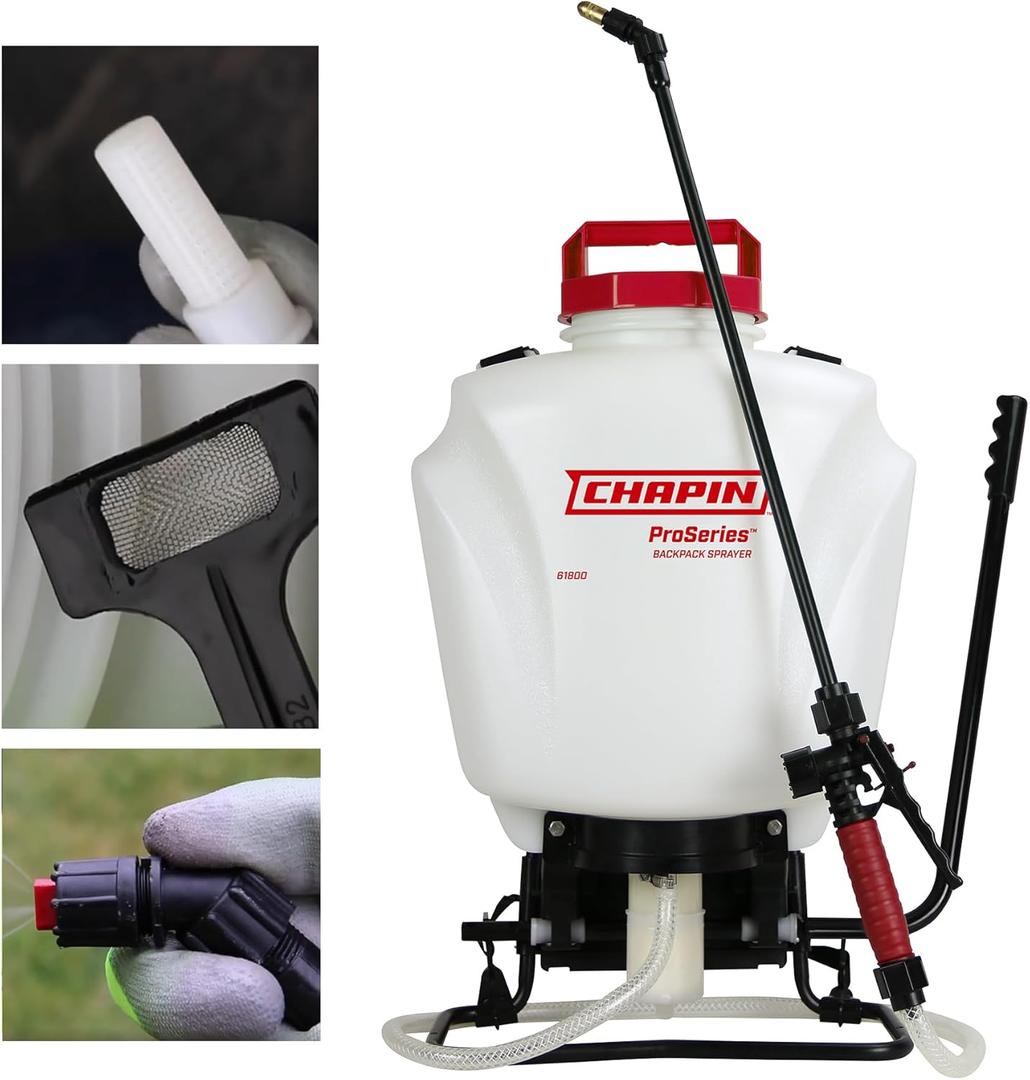 Chapin 61800 4-Gallon Made in USA Professional Backpack Sprayer with Brass Adjustable and Poly Fan/Cone Nozzles, Cushion Grip Shut-Off, 3-Stage Filtration System, Translucent White