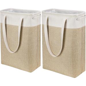 Laundry Hampers Tall Slim Laundry Baskets Thin Foldable Clothes Narrow Hamper for Laundry Storage Organizer Collapsible Hamper with White and Brown Imitated Burlap Patchwork,QY-SC24-2 (Beige + Khaki)