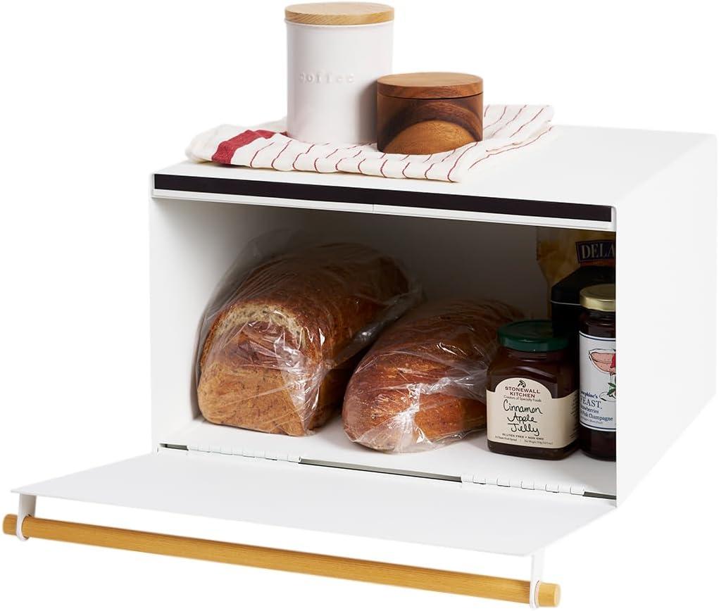 Yamazaki Home Bread Box Keeper Holder Container, Metal Bread Holder Saver, Slim Space Saving Counter Storage Steel + Wood White