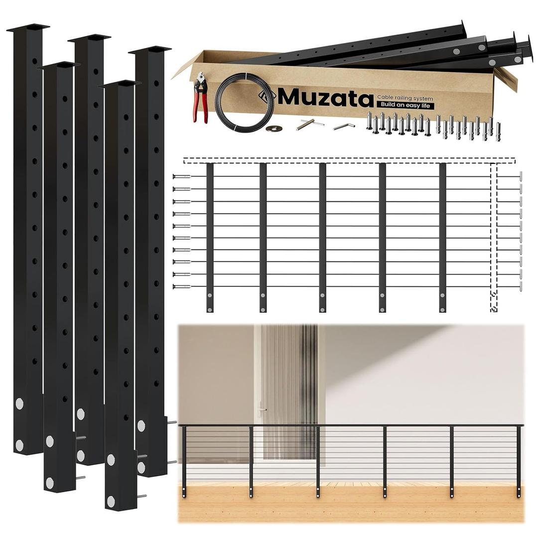 Muzata 16-20ft Side Mount Modular Cable Railing Kit for Decks 36 Inch RW21 5 Level Post Kit with Wire Rope & Cable Railing Hardware, No Handrail, Black Cable Railing System, Length Adjustable, 16-20ft Level Post Kit
