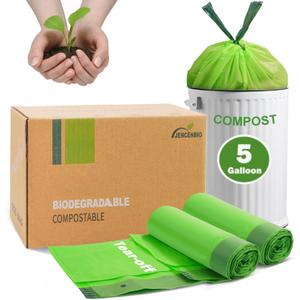 Compost Bags 5 Gallon with Drawstring Tear Off 20 Liter Extra Thick 0.78 Mils Compostable Food Scrap Waste Bags with US BPI ASTM D6400 and Europe OK Compost Home Certified 60 Counts