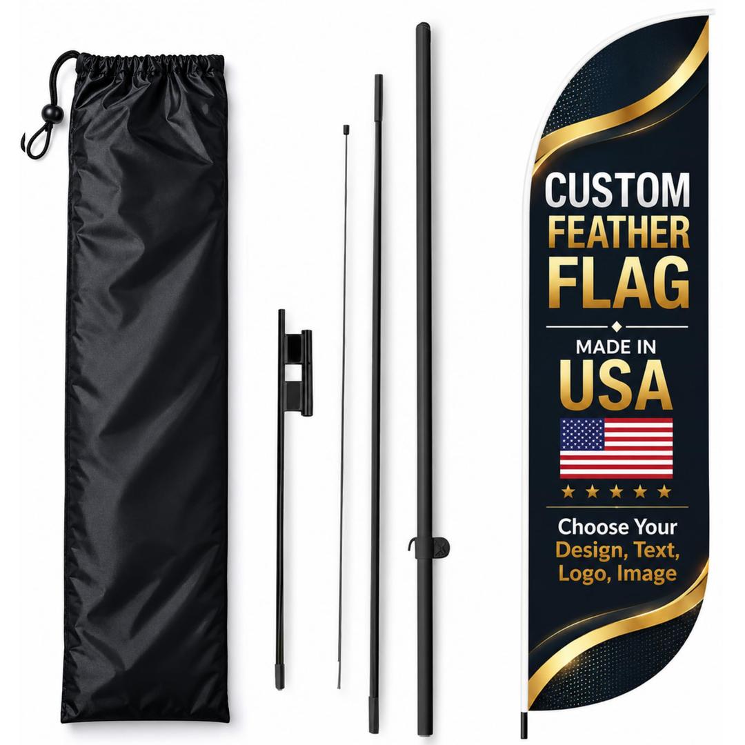 Custom Feather Flag by BCB Print, Text or Logo, 11.5x2.5 FT Single-Sided HD Print, Optional Add-On 15 FT Pole Kit & Ground Spike, Made in USA, Fast Delivery