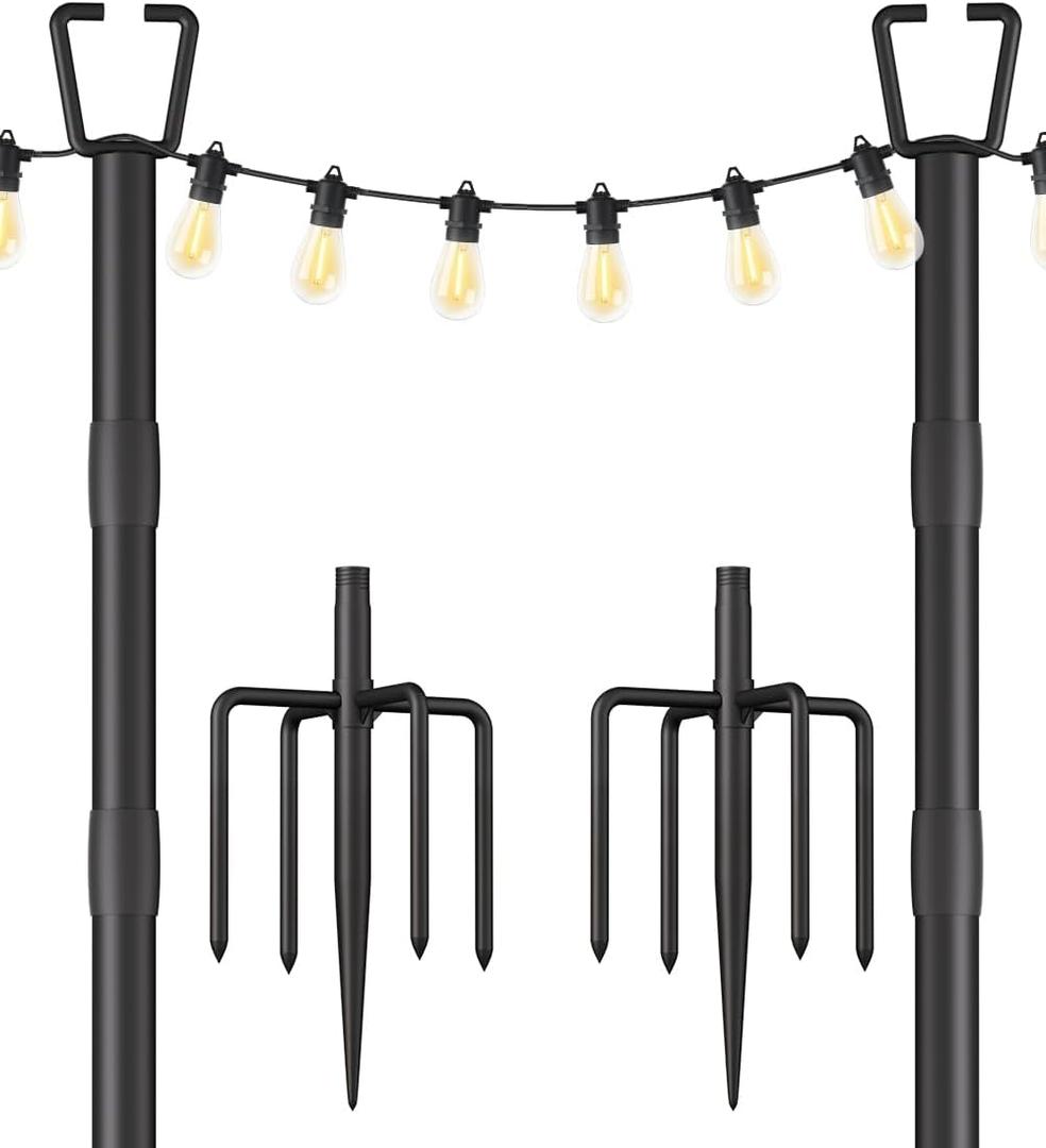 2 Pack 10FT String Light Poles for Outdoor Decor, Sturdy Light Pole with Fork, Adjustable Metal Posts for Outside Patio, Backyard, Deck, Garden, Party, Wedding