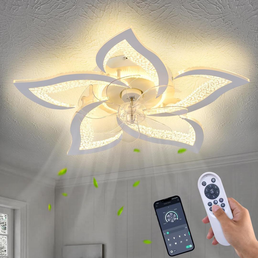 27" White Geometric Ceiling Fan with Light Remote Control, 3 Light Color 6 Speeds Flush Mount Low Profile Ceiling Fan with Light for Bedroom Kitchen